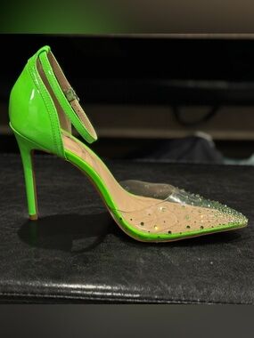 💚 Mix No. 6 Neon Green Patent Stiletto Strappy Heels Pump with Rhinestones